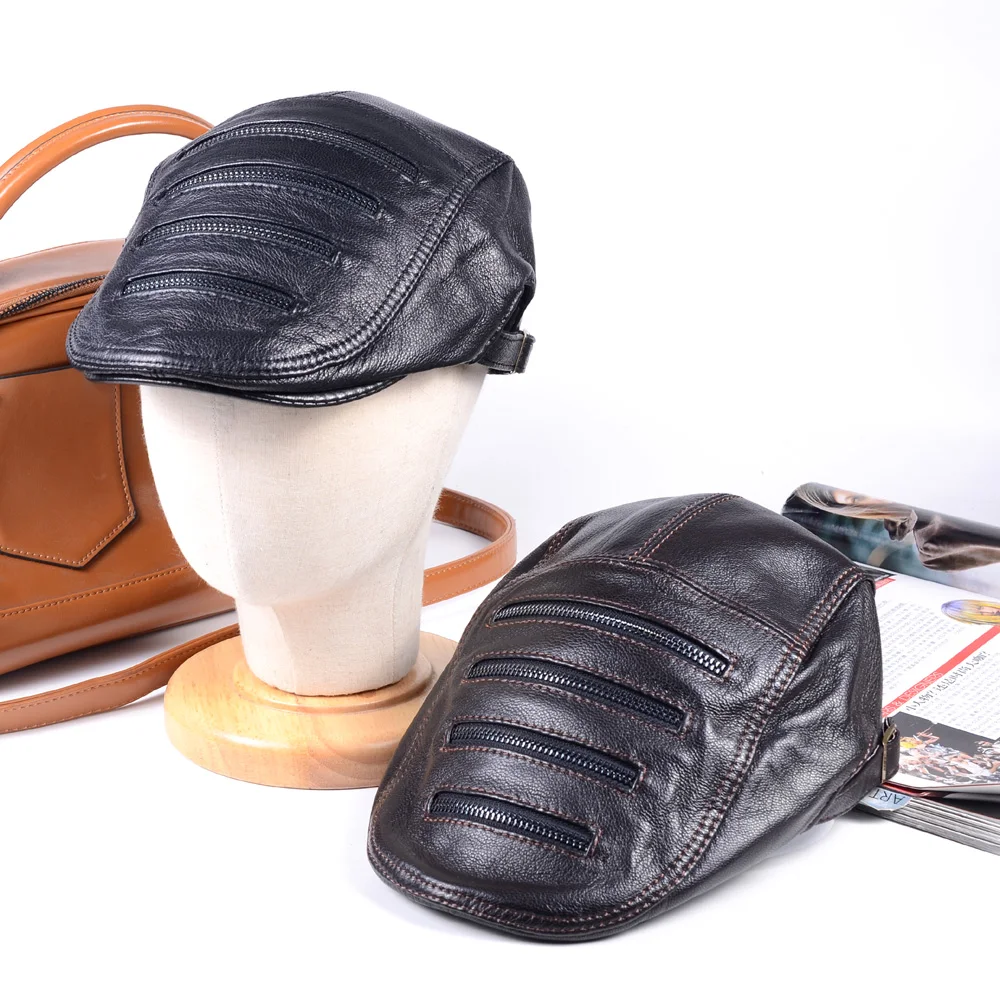

New Men's Real Leather Adjustable Casquette Peaked Cap Thin Lining Beret Newsboy jazz/Navy/Army Caps/Hats