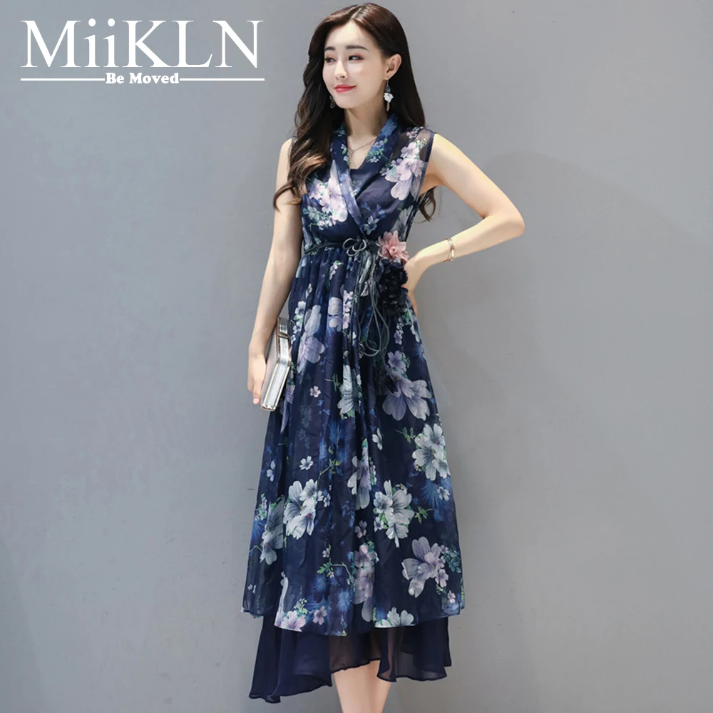 

2018 New Design Summer Autumn Women Dress A Line Sleeveless Flower Blue 2 Pcs Female Elegant Long Dress