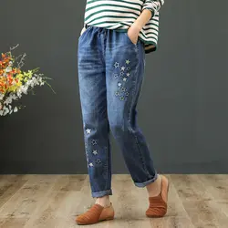 Высокая талия джинсы для женщин женские ботильоны длина дамские шаровары Вышивка Узор карманы стиранные поцарапанные Винтаж умягчитель