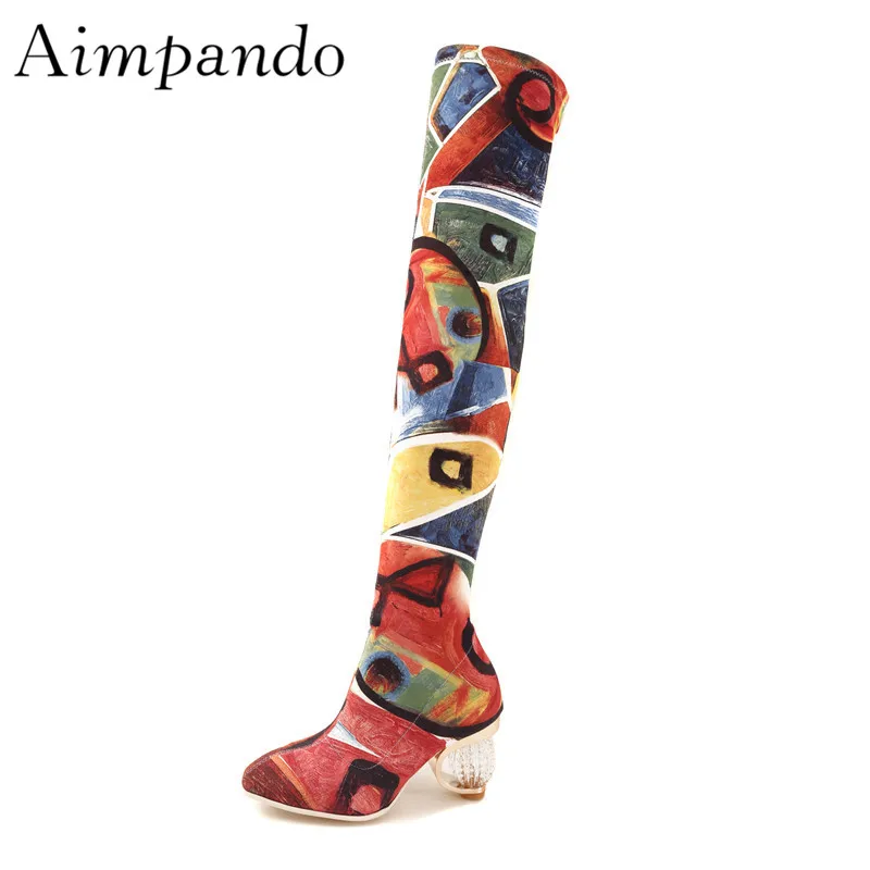 

Graffiti Over The Knee Boots Fashion Runway Botas Mujer Individual Crystal Cut Out Heel Slim Stretch Booties