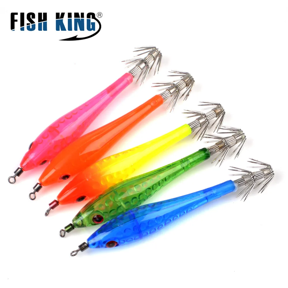 

FISH KING 5pcs Fishing Lure 9cm 5.5g Squid Hook With Laser Card Jigging Octopus Cuttlefish Shrimp Baits 3D Eyes Luminous Lures