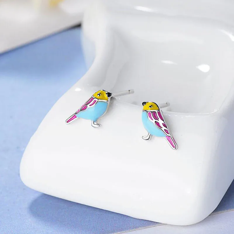 Cute 925 Sterling Silver Colorful Bird Stud Earrings For Kids Children Girl Lovely Animal Sterling-silver-jewelry