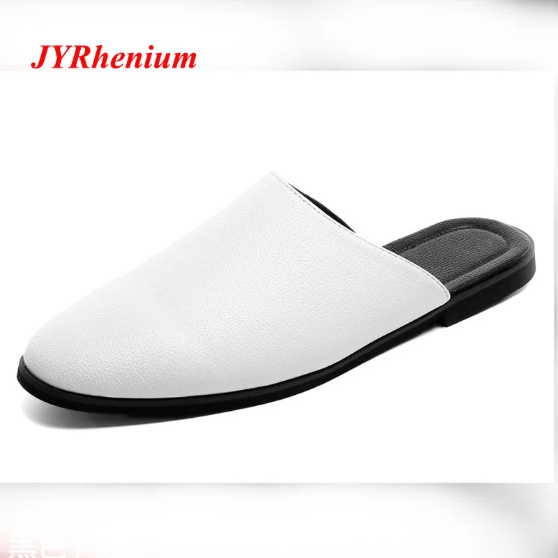 

JYRhenium 2018 New Winter Men Slippers Indoor Leather Slippers Outdoor Dual Use Slippers Flat Male Footwear Black White 39-44