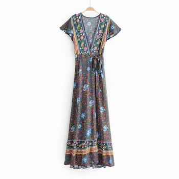 

BOHOFREE Elegant Women Floral Long Dress V Neck Belt Short Sleeve Maxi Hippie Vestidos Mujer Bohemian Dresses Beach Dress