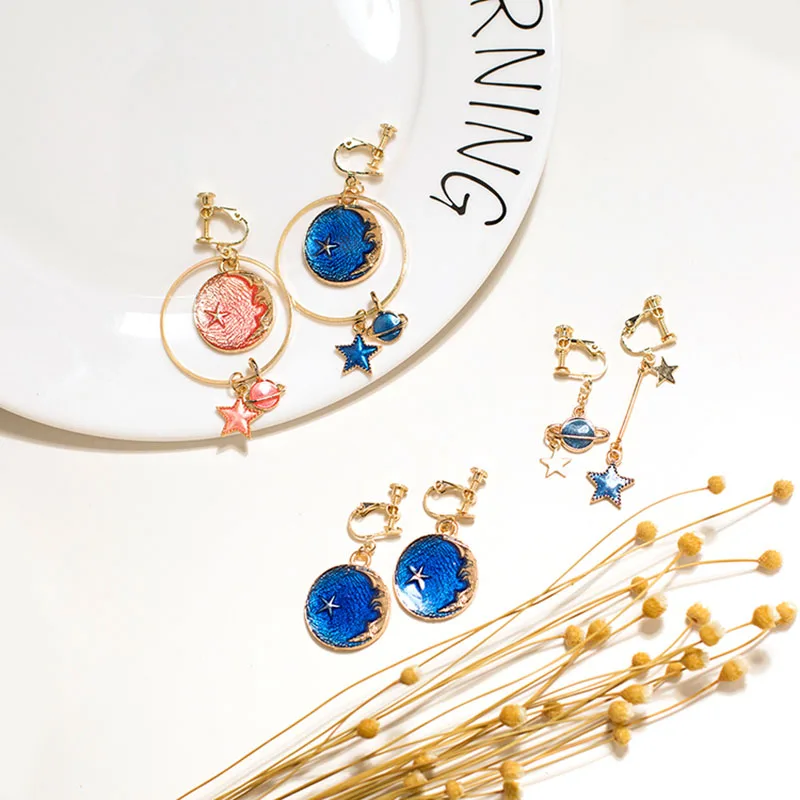 Grace Jun Top Quality Enamel Moon Planet Stars Shape Clip on Earrings Without Piercing for Women Party Luxury No Hole Earrings - Image 4