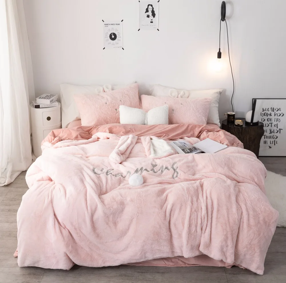 

New Pink White Gray Rabbit Ears Embroidery Fleece Fabric Girl Child Bedding Sets Velvet Duvet Cover Bed sheet/Linen Pillowcases