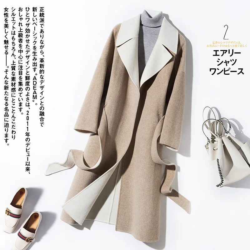 V Qualité Laine orange Femmes Nouvelles Kaki Épais Tissu Femelle De Lâche Long D'hiver rose face Laçage Et Hzyrmy Cachemire Manteau Double Doux cou n0pqgP1