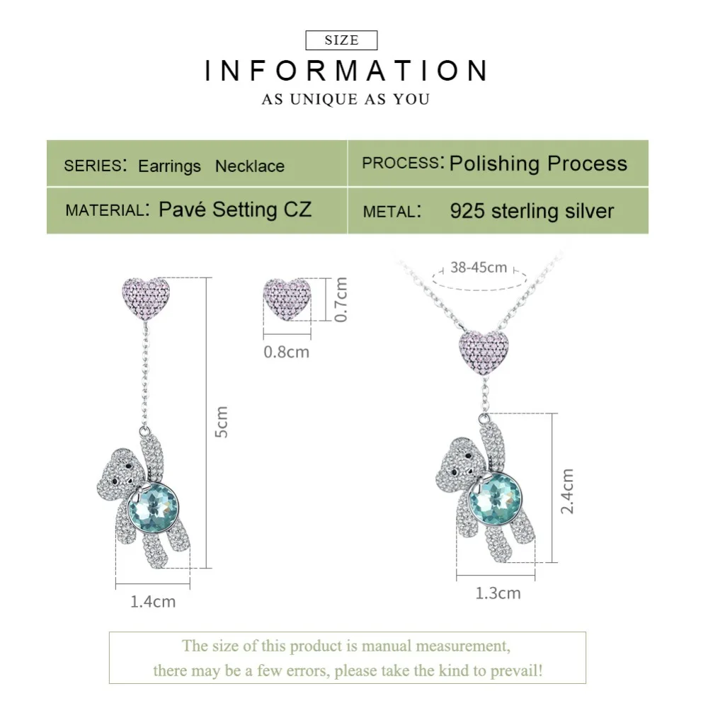 BAMOER горячая Распродажа подлинный 925 пробы серебряный кристалл медведь висячие серьги с цирконием Сердце ожерелья медведь женские серебряные ювелирные изделия ZHS082