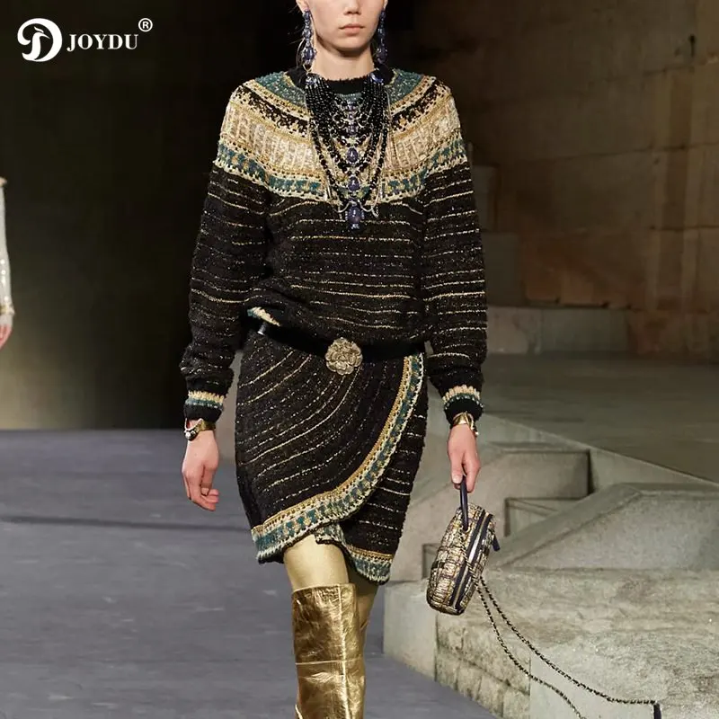

High Quality Gold Thread Embroidery Stripes Patchwork Autumn Sweater with Skirt Suit Women 2 Piece Set Runway High-end Twinset