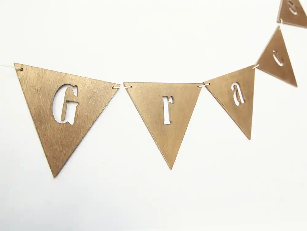 Gold Wooden Name Banner Vintage Personalised Garland Bunting Flag Personalised Garland Bunting Flag