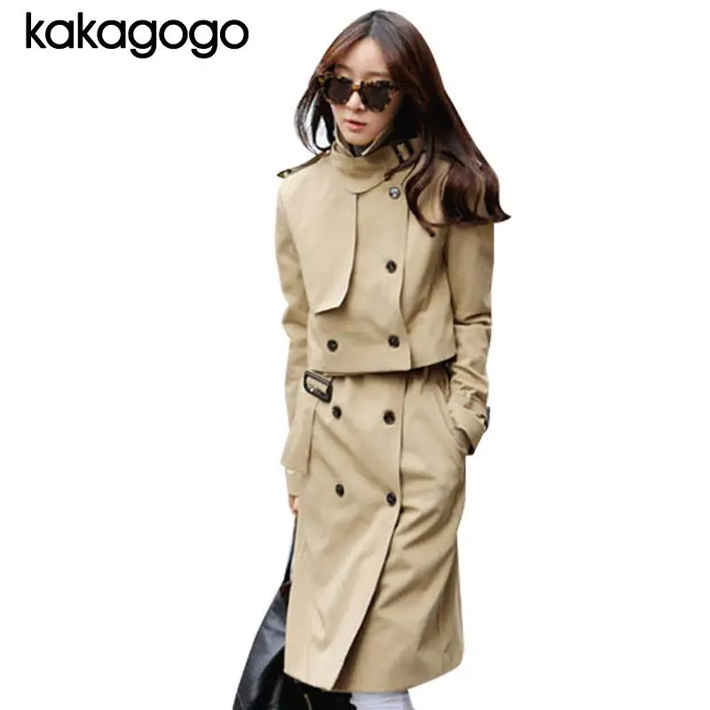 Luxury Autumn Spring Khaki Black Double Breasted Sleeve Turn down Collar 2 Sets Long Windbreaker Overcoat