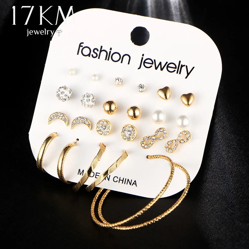 

17KM Fashion Female Earrings Set For Women Mixed Rhinestone Crystal Simulated Pearl Big Circle Earrings Brincos Party Jewelry