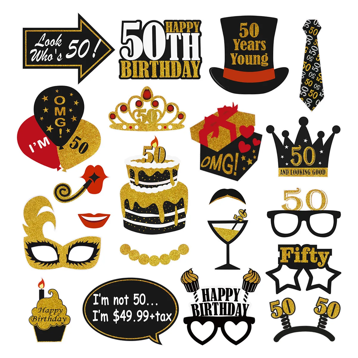 

Amosfun 21PCS 50th Birthday Funny Creative Black Gold Party Decoration Photo Props for Photographing Adults