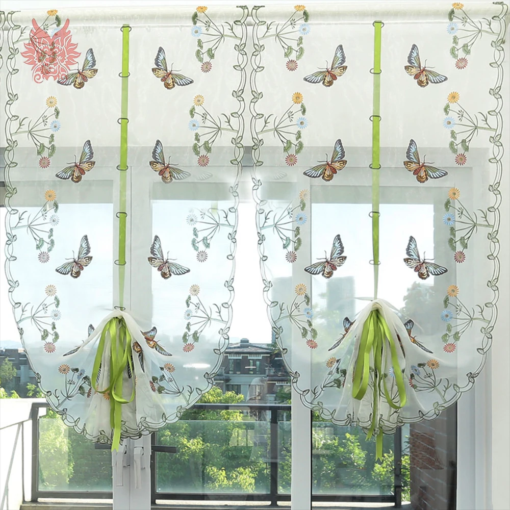 Pastoral floral butterfly embroidery pull up and down tulle curtain transparent door bay window