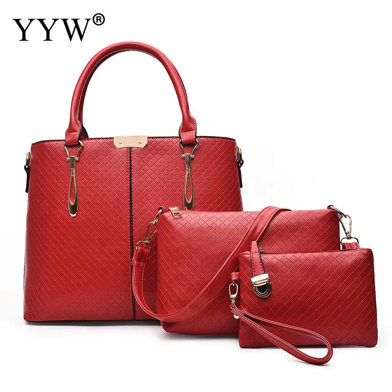 3 قطعة/المجموعة النساء أعلى-مقبض أكياس الإناث 2018 المرأة رسول يد مجموعة بو الجلود أمي مركب حقيبة سيدة الأحمر الكتف أكياس