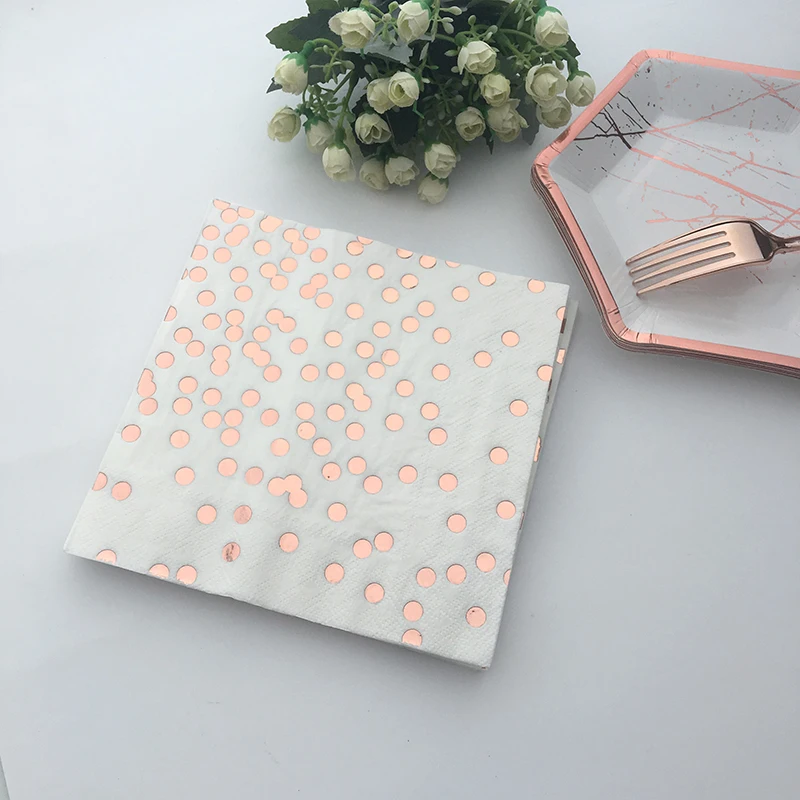 

100pcs White Foil Rose Gold Dot Paper Napkins Cocktail Dessert Serviette 25cm Wedding Birthday Party Favor Tableware Barware