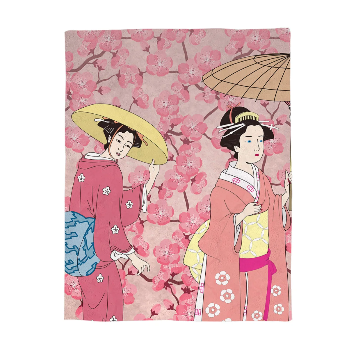 Japanese Printed Blanket Two Japanese Geishas Wearing Kimonos and White