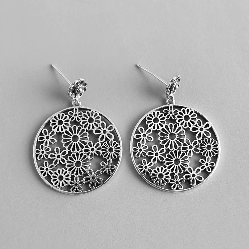 

925 Sterling Silver Drop Earrings Woman Fashion Openwork Floral Vintage Earrings Simple Design Earrings Fine Jewelry WDE009