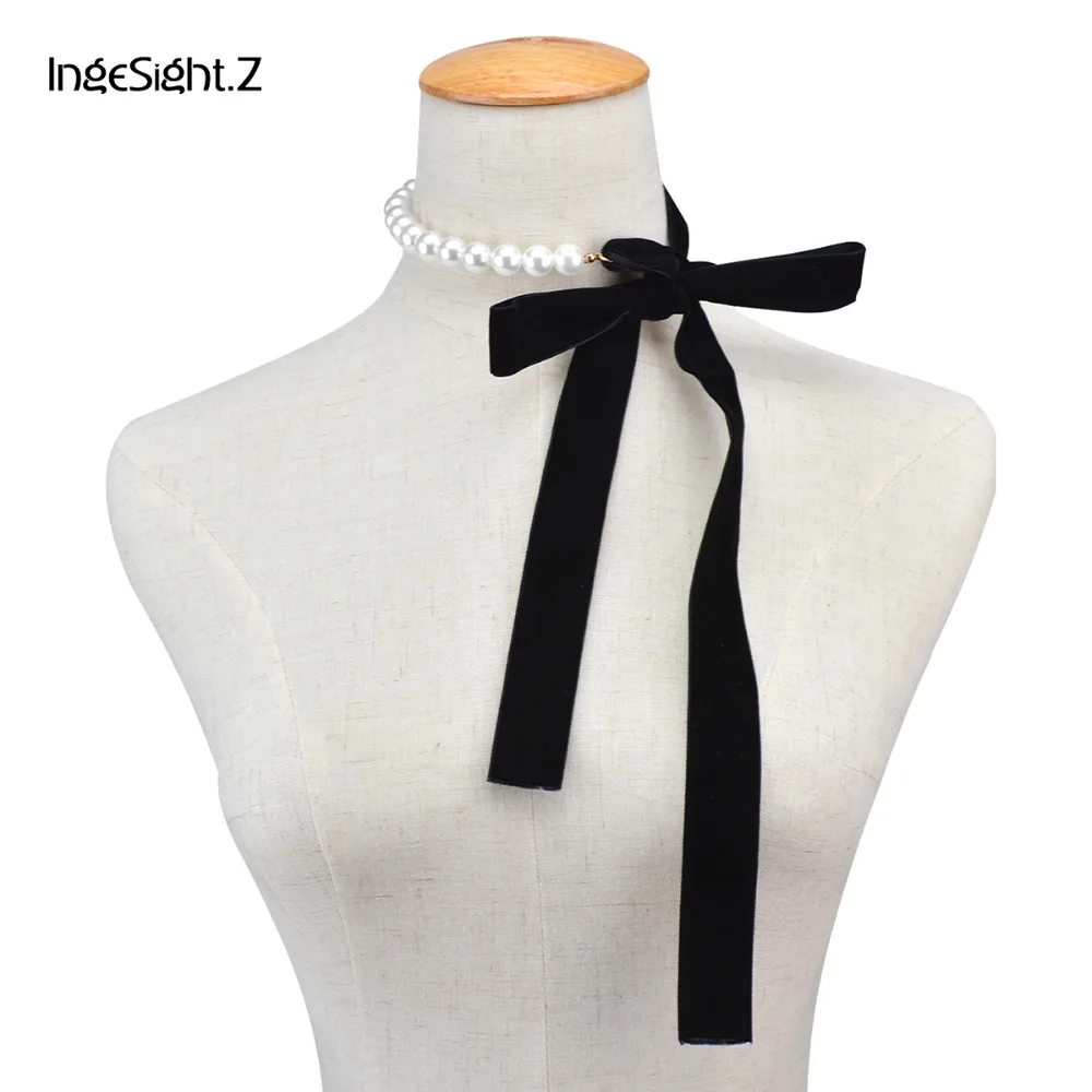 

IngeSight.Z Bohemian Imitation Pearl Choker Necklace Collar Statement Adjusted Velvet Bow Tie Necklace for Women Jewelry Gift