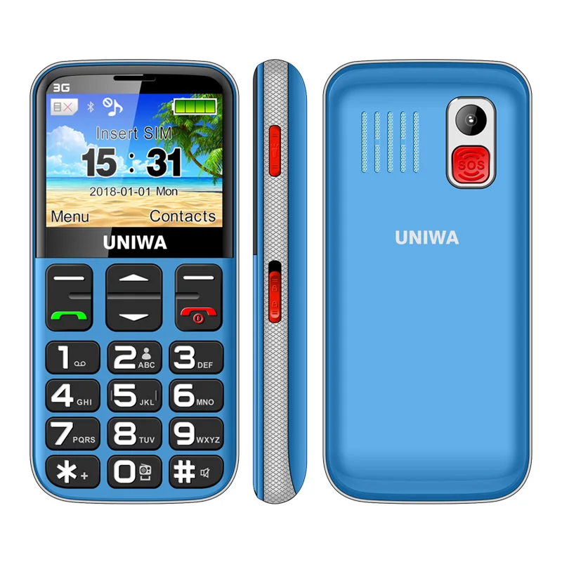 Uniwa V808G мобильного телефона 3G WCDMA кнопкой SOS 1400 мАч 2,31 "Экран старик фонарик сотовый телефон с фонариком