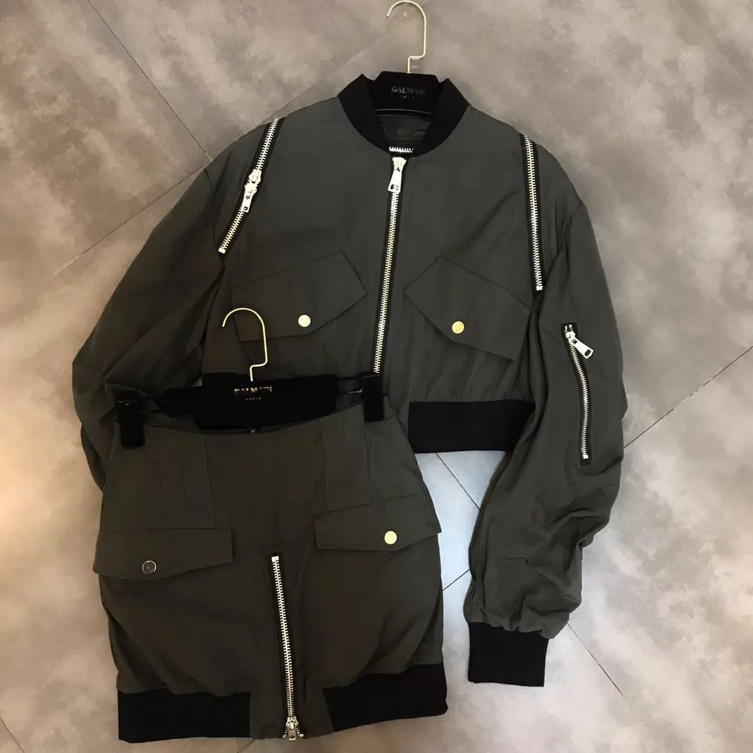 

2019 Spring New Large Zipper Decorative Jacket Short Jacket with pocket Skirt Suit 2 piece set women