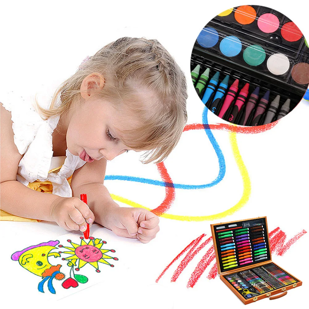 

150pcs/set Gift Water Color Pen Supplies Learning Colouring Wooden Box Stationery Painting Pencils Art Children