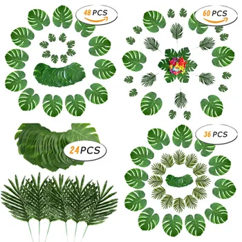 

Nicro 24/36/48/60 pcs Green Jungle Artificial Tropical Palm Leaves Hawaii Simulation Plant Wedding Party Decoration #Art06
