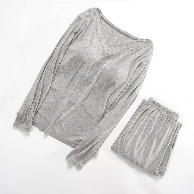Простые однотонные бамбуковые Модальные Женские пижамные комплекты уютная осенняя одежда для сна длинная Пижама с рукавами для женщин