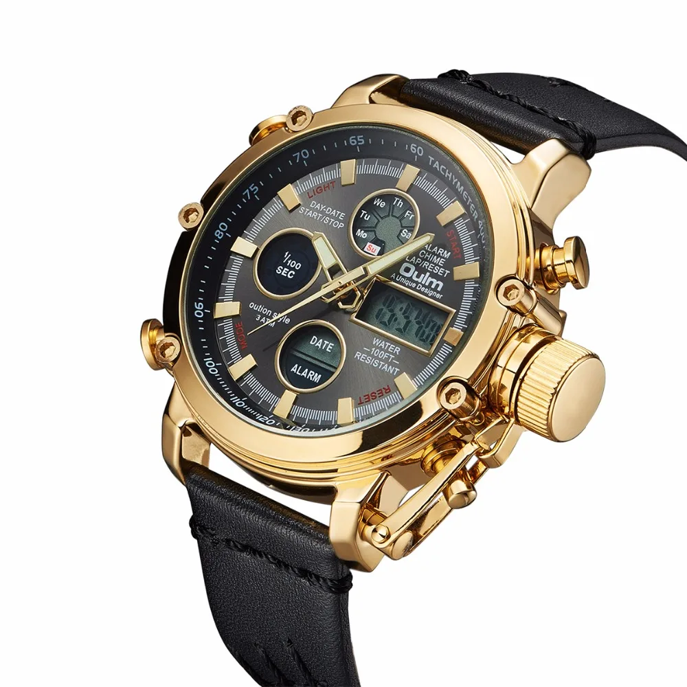 

Oulm Brand Watch Quartz Sport Watches Men Analog Digital Dual Display Watch Male Clock Genuine Leather LED Waterproof Wristwatch