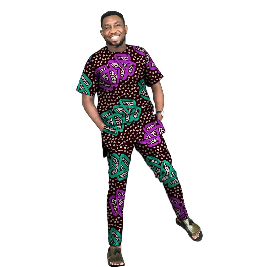 

African clothing for men print short sleeve shirt with trouser Ankara fashion pant sets customize wedding man formal outfits