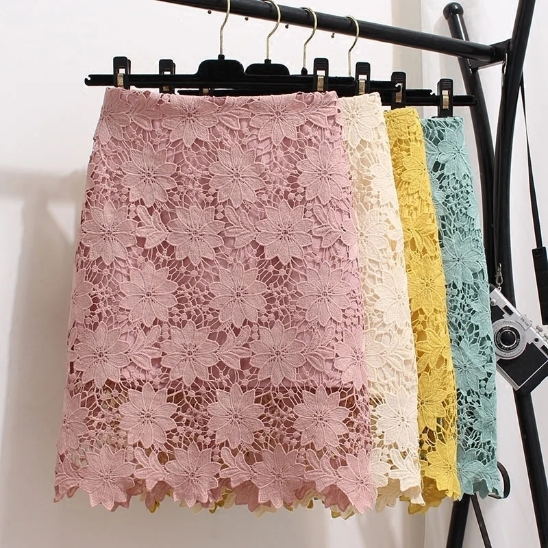 

MUMUZI Lace skirt 2019 new spring and summer high waist hollow out crochet flower skirt pink lace package hip skirts for women