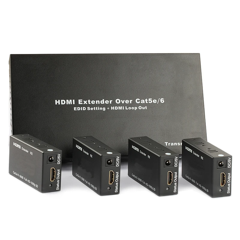 TreasLin 4 Ports 1080P HDMI Extender Over Cat5 Cat6 Up to 60 Meters 1 Transmitter with