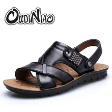 OUDINIAO/Мужская обувь из яловичного спилка; мужские сандалии из кожи; летние шлепанцы; Мужская обувь; пляжные дышащие сандалии-гладиаторы с пряжкой; мужские слипоны