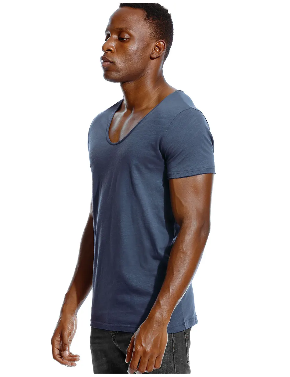 Scoop Neck T Shirt for Men Low Cut Deep V Neck Wide Vee Tee Male Tshirt ...