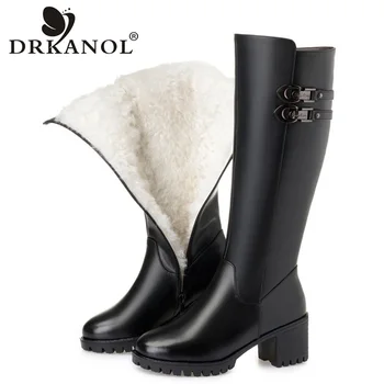 DRKANOL Big Size 35-43 Winter Boots Women Wool Warm Thick Heel Knee High Boots Genuine Leather Round Toe High Heel Women Boots woman genuine leather platform square heel knee high boots round toe side zipper dress winter boots black
