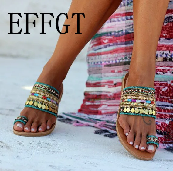 

EFFGT 2019 Ethnic Slipper woman slipper arrival Greek Style summer casual slipper ladies Bohemia beach Fashion femme slipper A89