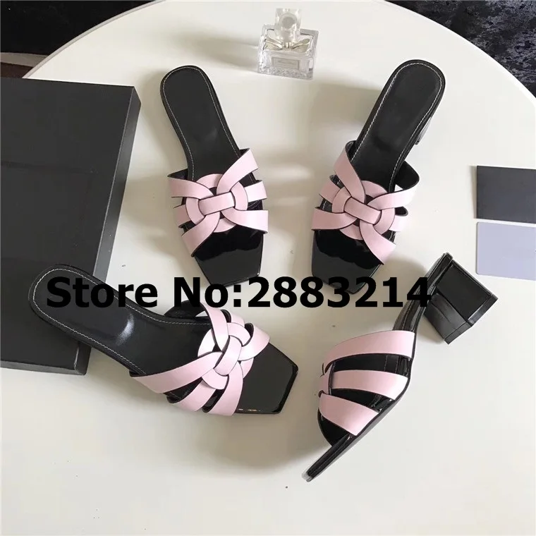 

Matte Leather Summer Women Slides Chunky Heels Brand Style Lady Slippers Shoes Woman Tribute Leather Dress Sandals Shpes