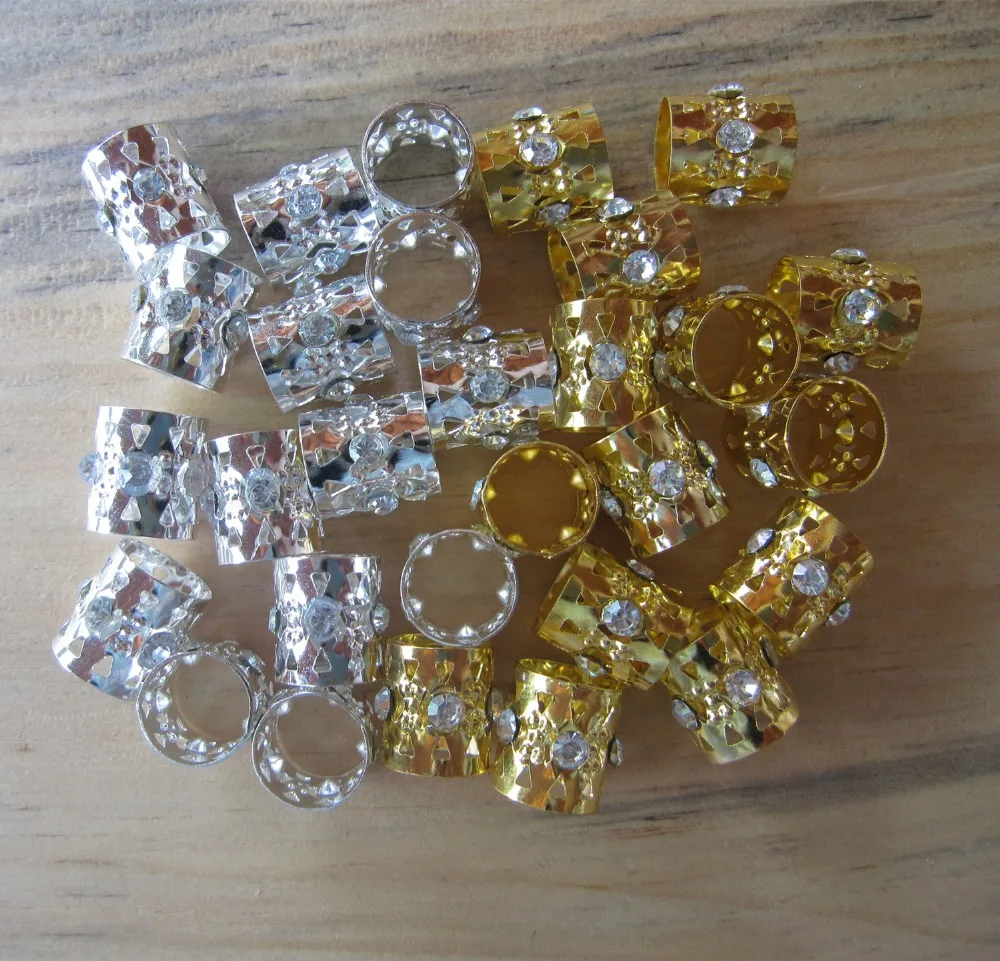 

30 Golden And Silver Mixed Dreadlock Beads Adjustable Rhinestone Hair Braid Cuff Clip 8*8mm