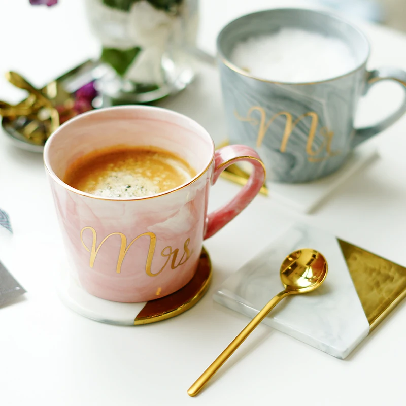 

Luxury Marble Ceramic Mugs Gold Plating MRS MR Couple Lover's Gift Morning Mug Milk Coffee Tea Breakfast Creative Porcelain Cup