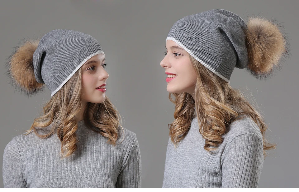 Winter Hats For Women Beanies Knitted Wool Pompon Beanies Female Real Raccoon Fur Pom Poms Hat For Girls 2018 (6)