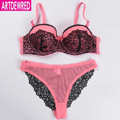 [Retail& Wholesale] VS New Sexy Bra Set Push Up Lace Deep V ABC Cup Women's Underwear Sets Sexy Lingerie Set For Girls - Цвет: Розовый