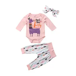 Детская одежда для новорожденных девочек комплект осень с длинным рукавом розовый Альпака боди брюки с кактусами повязка на голову Одежда