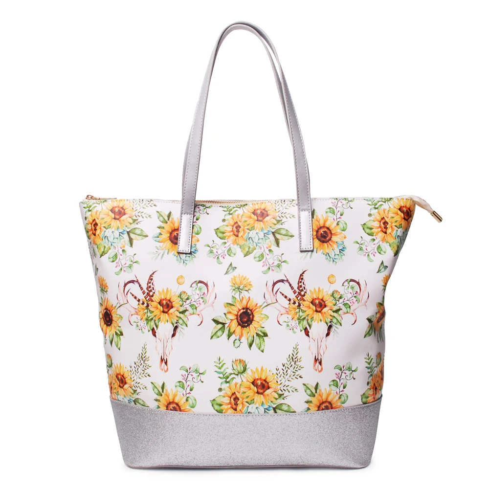 

Three-Piece Silver Glitter Wallet and Silver with Bullskull Sunflower Tote bag, and Card holder-DOMIL1091278