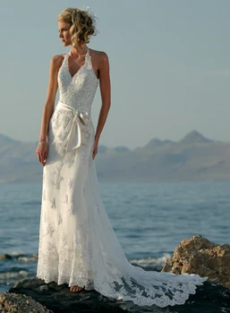 

vestido de noiva robe de mariageBeading V Neck Halter Court Train Bows Lace Beach Plus Wedding Dresses 2017 #1133