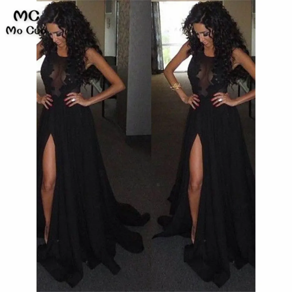 

Illusion Black Evening Dresses Long Prom Gown Lace evening gown Front Split Chiffon Formal Evening Party Dress for Women