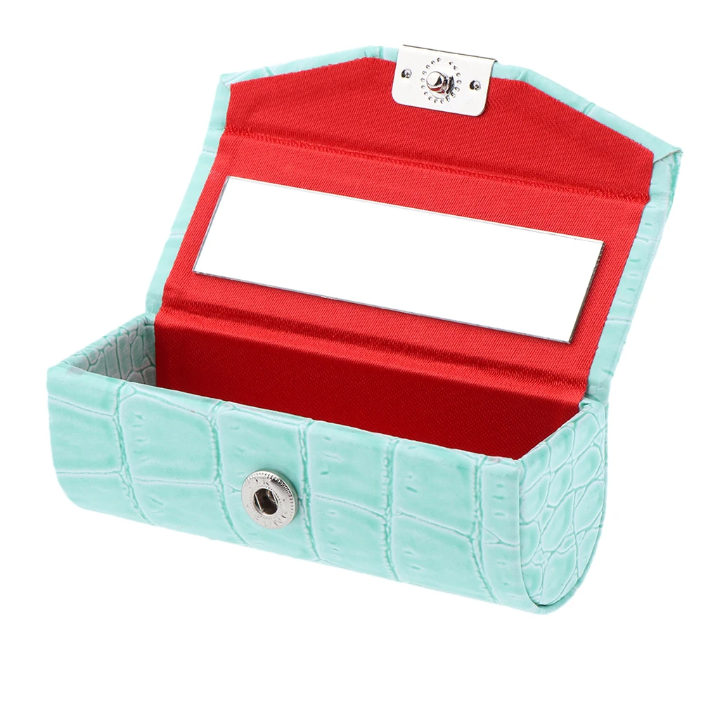 Leather Lipstick Case Holder Storage Box with Mirror for Purse Light Blue