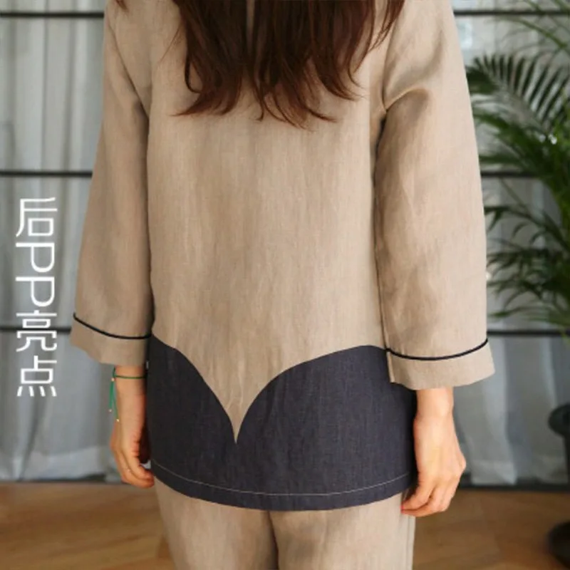 Корейский хлопковый и льняной пижамный комплект, Женская хлопковая простая модная Хлопковая пижама с длинными рукавами, Женская домашняя одежда