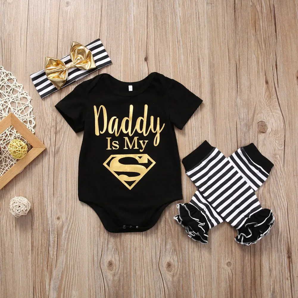 

Newborn Baby Boy Girl Clothes Set Short Sleeve Top Bodysuits Leg Warmer Bow Headband 3pcs Clothing Outfits Set