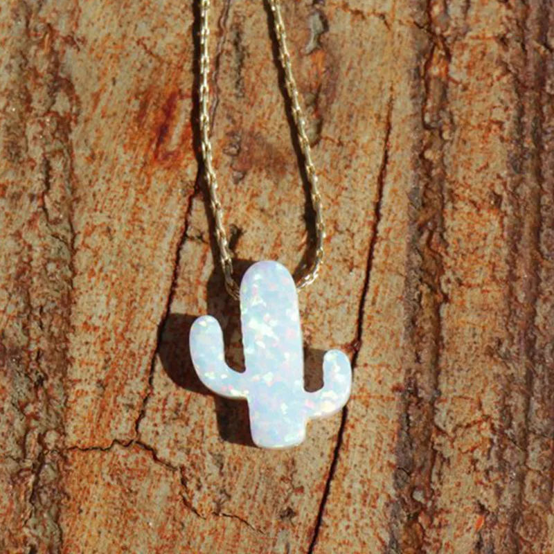 

New Opal Long Chain Necklace Plant Fashion Simple White Cactus Pendant Necklace Lovers Jewelry