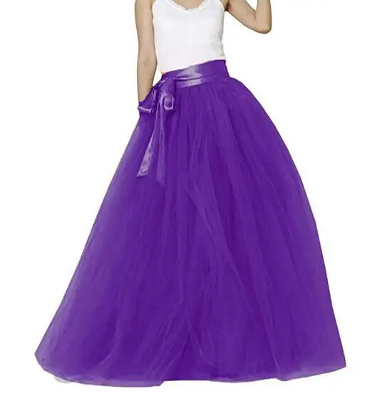 U-SWEAR Для Женщин Длинное Пышное 5 слоев тюля Тюлевая юбка пол Длина трапециевидной формы с поясом-бантом; с высокой талией и ремнем для Свадебная вечеринка вечернее платье - Цвет: Purple